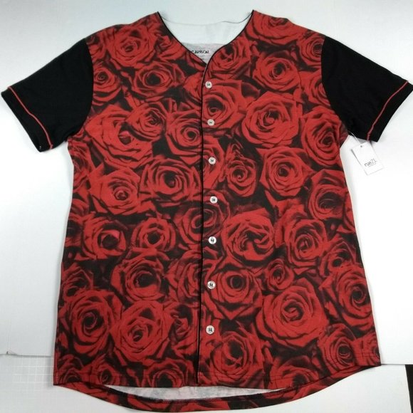 RUE 21 CARBON Mens (L) Short Sleeve Rose Print Collarless Tee Beach Tops Blouse - Picture 1 of 8